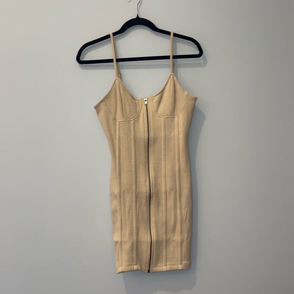FOREVER 21 Beige Bodycon Zip Up Front Dress Medium